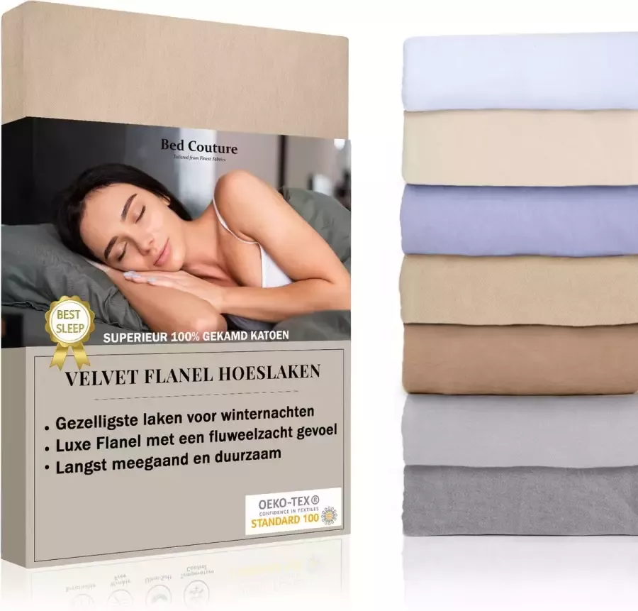 Bed Couture Velvet Flanel Hoeslaken 100% Gekamd Katoen Hoge Hoek 30cm Eenpersoons 90x200 cm Goud Beige