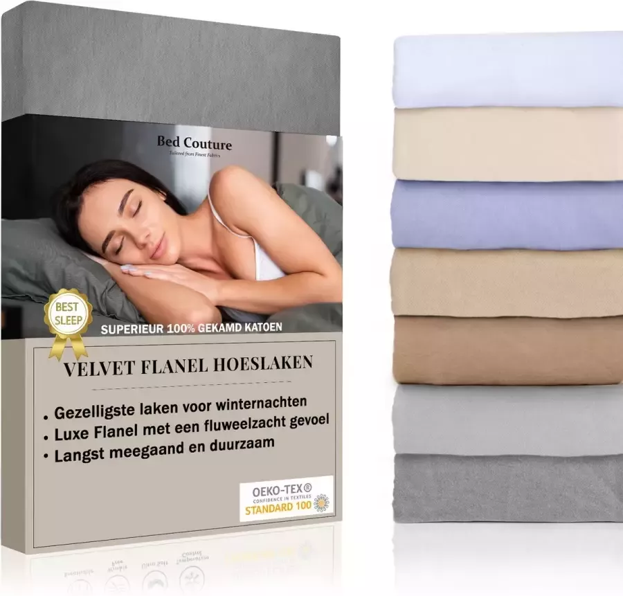 Bed Couture Velvet Flanel Hoeslaken 100% Gekamd Katoen Hoge Hoek 30cm Eenpersoons 90x200 cm Taupe