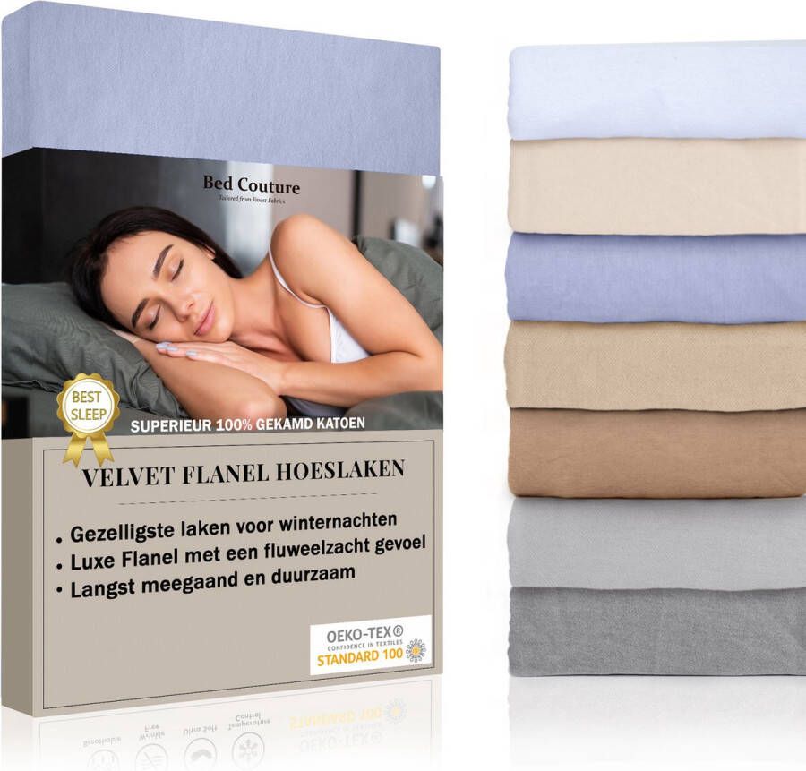 Bed Couture Velvet Flanel Hoeslaken 100% Gekamd Katoen Hoge Hoek 30cm Lits Jumeaux Extra Breed 200x200 cm Winter Blauw