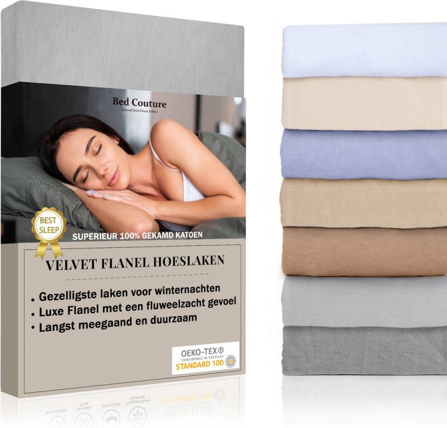 Bed Couture Velvet Flanel Hoeslaken 100% Gekamd Katoen Hoge Hoek 30cm Lits Jumeaux Extra Breed 200x200 cm Warm Grijs