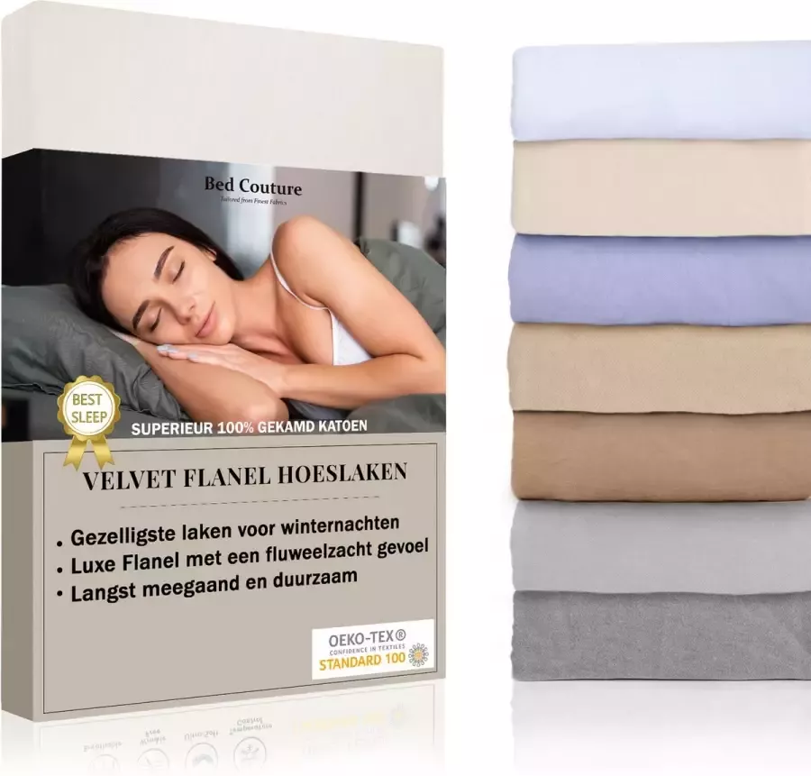 Bed Couture Velvet Flanel Hoeslaken 100% Gekamd Katoen Hoge Hoek 30cm Tweepersoons 140x200 cm Crème
