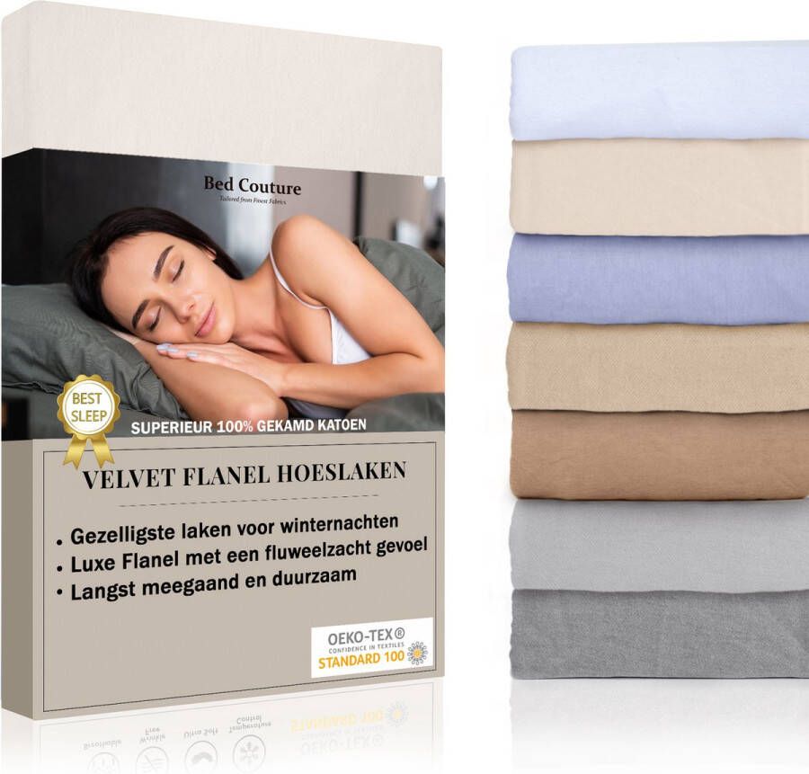 Bed Couture Velvet Flanel Hoeslaken 100% Gekamd Katoen Hoge Hoek 30cm Tweepersoons 140x200 cm Crème