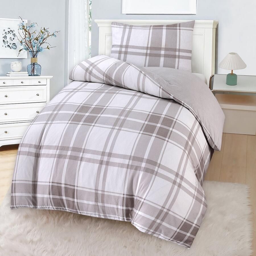 BED GLOW & APPAREL – 1-Persoons Dekbedovertrekset 140x200 cm met 1 Kussenslopen 60x70 cm – 100% flannel– grijze Vrierkanten