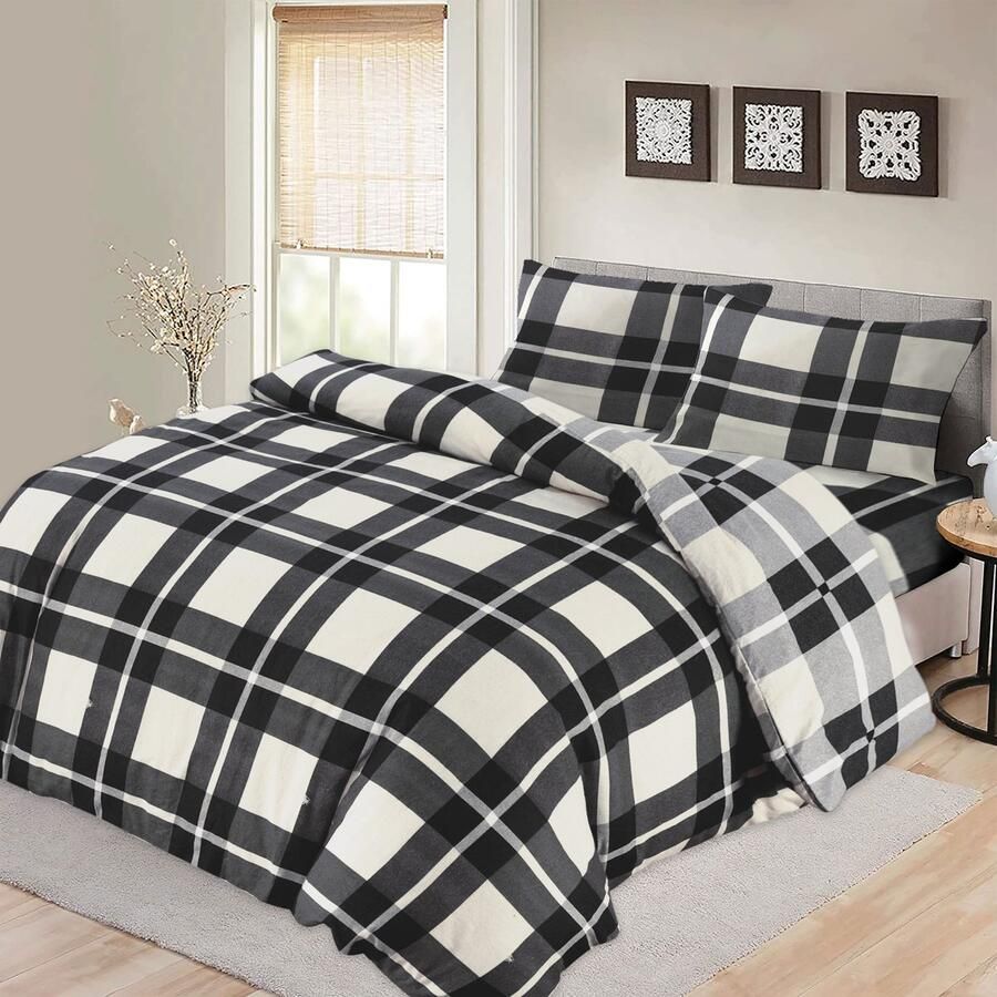 BED GLOW & APPAREL – 2-Persoons Dekbedovertrekset 200x200 cm met 2 Kussenslopen 60x70 cm – 100% flannel– Zwarte Vrierkanten