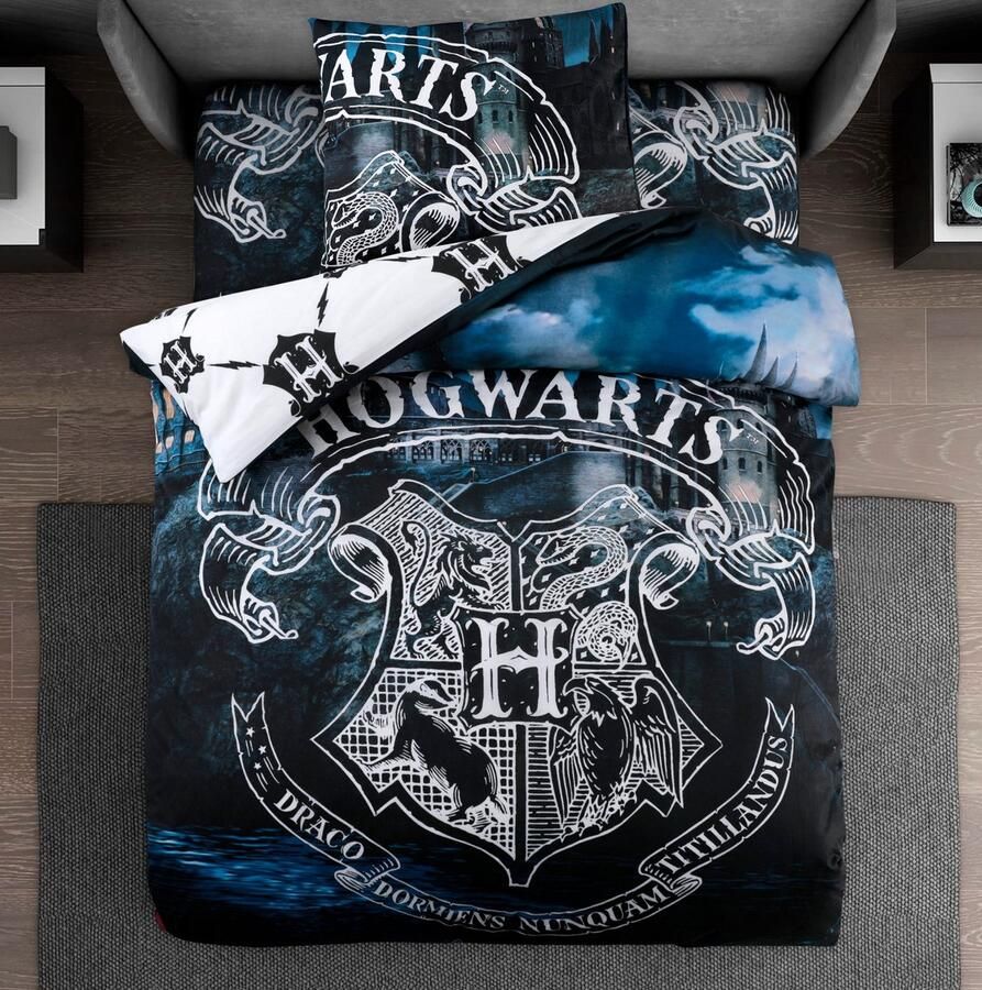 BED GLOW & APPAREL – Harry Potter Hogwarts Beddengoedset Dekbedovertrek 140x200 + Hoeslaken 90x200+25 + Kussensloop 60x70 100% Katoen Zwart-Blauw