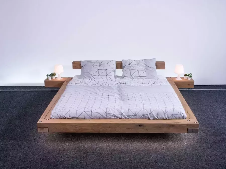 Bed op maat Zwevend eiken bed Houten bed 160 x 200 hoofdbord op buizen inclusief nachtkastje