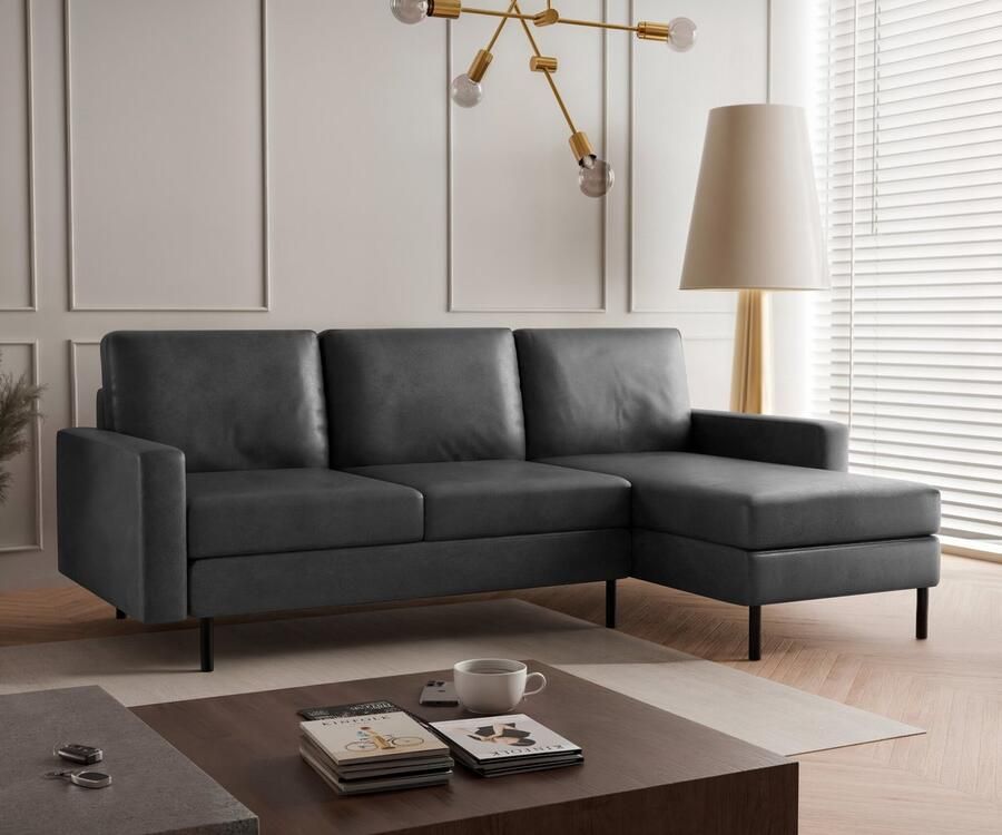 Beddenbriljant Hoekbank Hanneke Suède Look Antraciet Universeel Links of Rechts Hoekzetel L-bank Zetel Chaise lounge Lederlook Eco-leer Direct leverbaar 3 zits