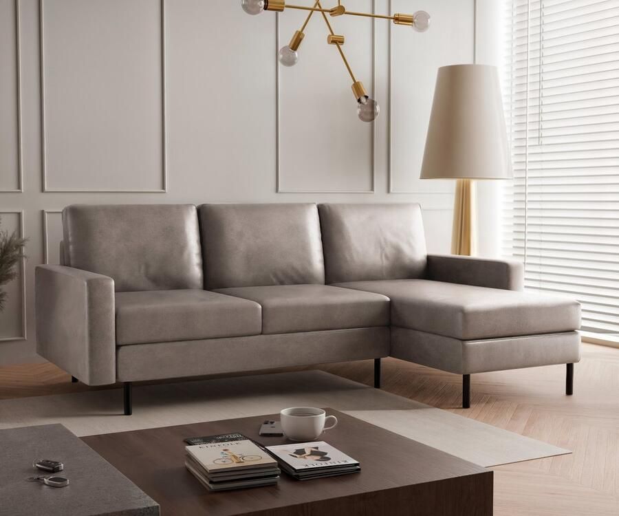 Beddenbriljant Hoekbank Hanneke Suède Look Beige Universeel Links of Rechts Hoekzetel L-bank Zetel Chaise lounge Lederlook Eco-leer Direct leverbaar 3 zits