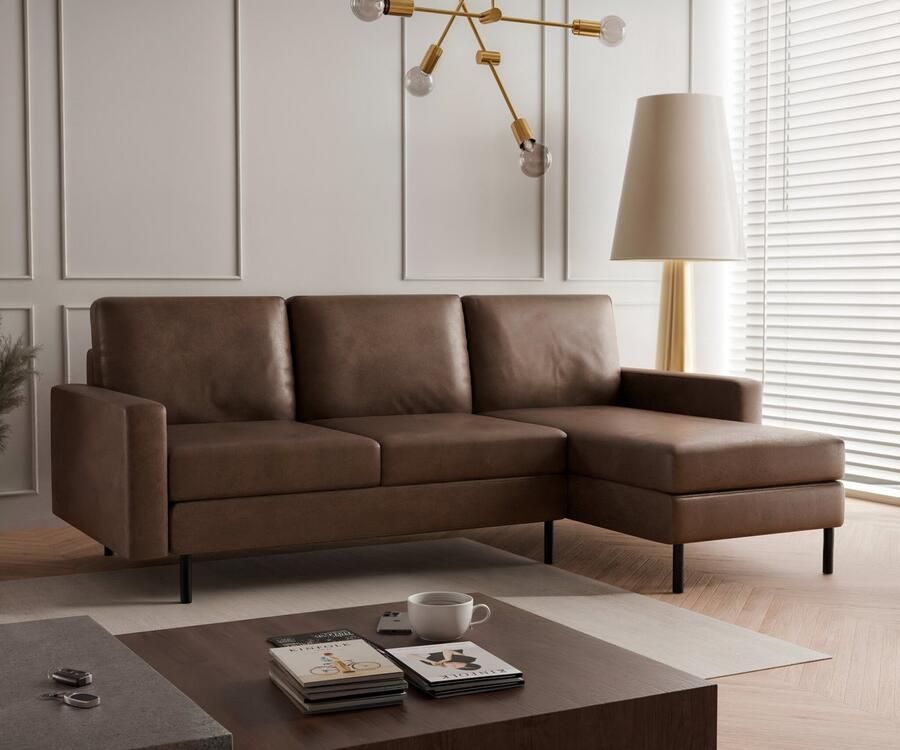 Beddenbriljant Hoekbank Hanneke Suède Look Cognac Universeel Links of Rechts Hoekzetel L-bank Zetel Chaise lounge Lederlook Eco-leer Direct leverbaar 3 zits