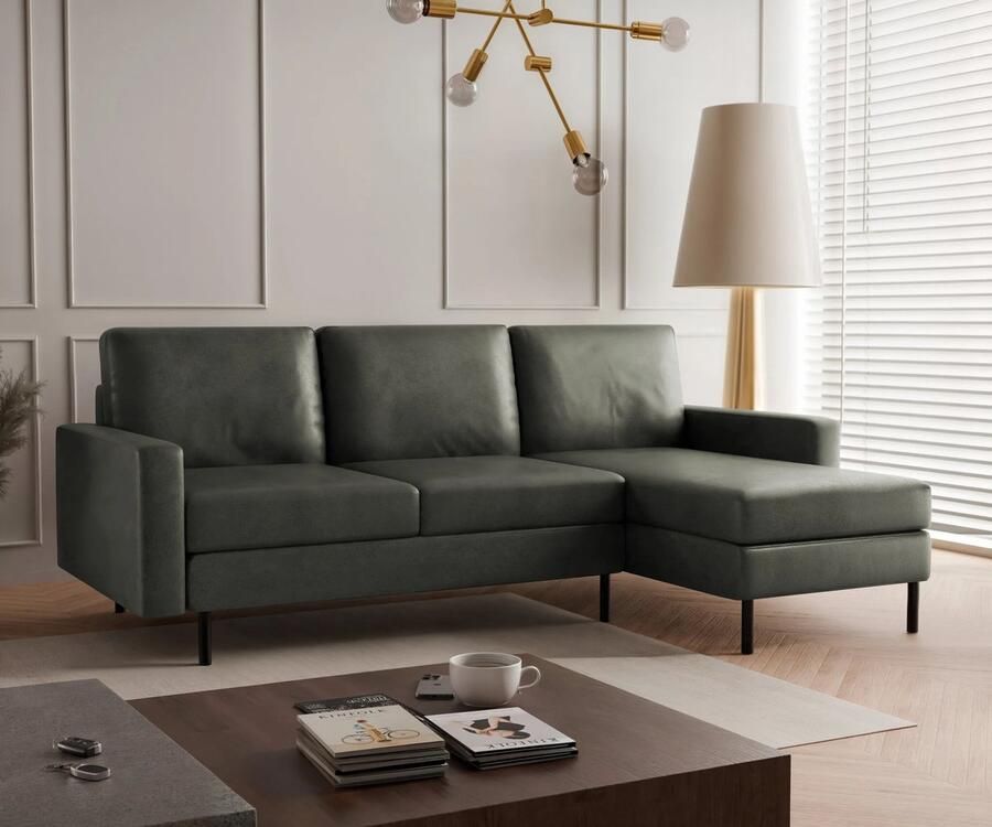 Beddenbriljant Hoekbank Hanneke Suède Look Groen Universeel Links of Rechts Hoekzetel L-bank Zetel Chaise lounge Lederlook Eco-leer Direct leverbaar 3 zits