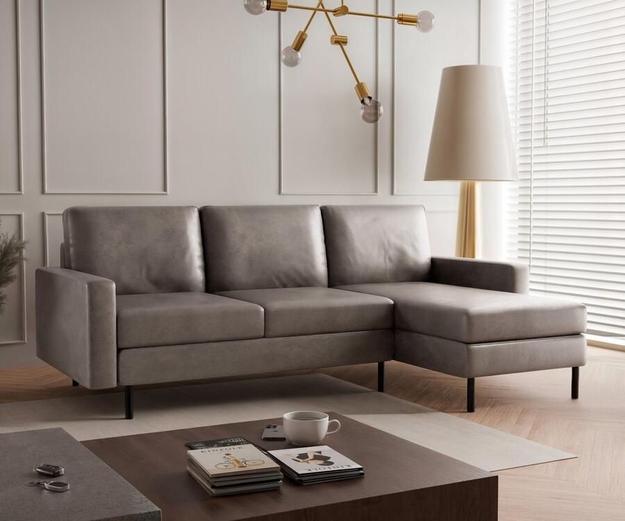 Beddenbriljant Hoekbank Hanneke Suède Look Taupe Universeel Links of Rechts Hoekzetel L-bank Zetel Chaise lounge Lederlook Eco-leer Direct leverbaar 3 zits