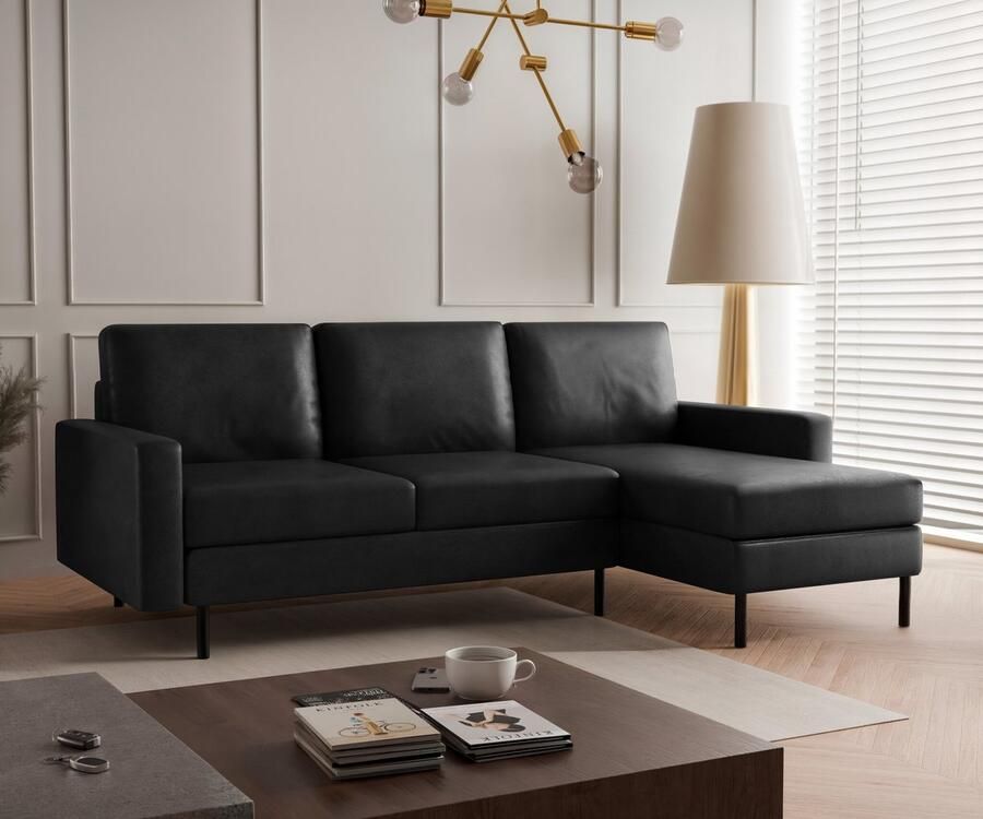 Beddenbriljant Hoekbank Hanneke Suède Look Zwart Universeel Links of Rechts Hoekzetel L-bank Zetel Chaise lounge Lederlook Eco-leer Direct leverbaar 3 zits