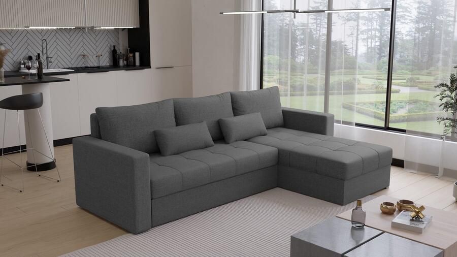 Beddenbriljant Hoekbank Kreta- Universeel Stof Antraciet Slaapbank met opbergruimte Links of Rechts Direct Leverbaar Hoekzetel Chaise longue Zetel met slaapgedeelte 3 zits Zitcomfort stevig