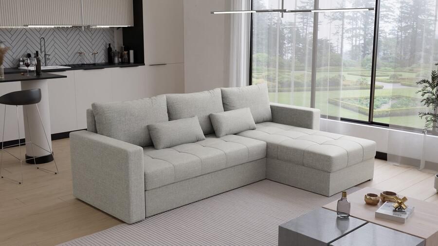 Beddenbriljant Hoekbank Kreta Universeel Stof Beige Naturel Slaapbank met opbergruimte Links of Rechts Direct Leverbaar Hoekzetel Chaise longue Zetel met slaapgedeelte 3 zits Zitcomfort stevig