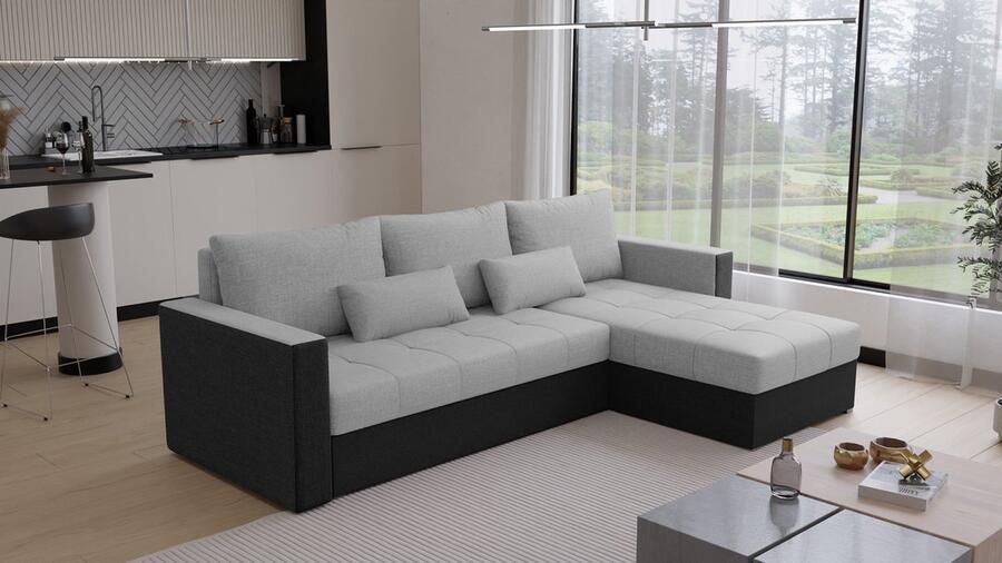 Beddenbriljant Hoekbank Kreta Universeel Stof Grijs en Zwart Slaapbank met opbergruimte Links of Rechts Direct Leverbaar Hoekzetel Chaise longue Zetel met slaapgedeelte 3 zits Zitcomfort stevig