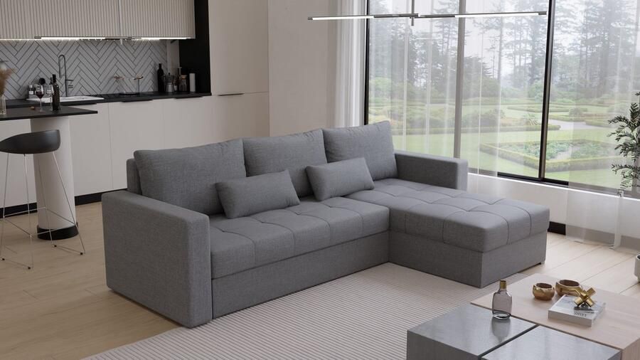 Beddenbriljant Hoekbank Kreta Universeel Stof Grijs Slaapbank met opbergruimte Links of Rechts Direct Leverbaar Hoekzetel Chaise longue Zetel met slaapgedeelte 3 zits Zitcomfort stevig