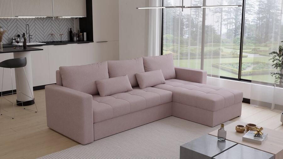 Beddenbriljant Hoekbank Kreta Universeel Stof Roze Slaapbank met opbergruimte Links of Rechts Direct Leverbaar Hoekzetel Chaise longue Zetel met slaapgedeelte 3 zits Zitcomfort stevig