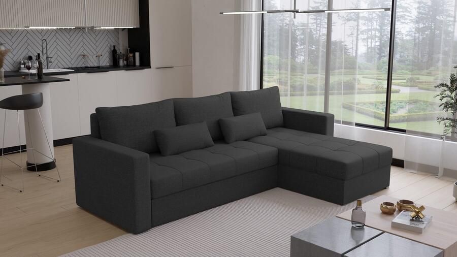 Beddenbriljant Hoekbank Kreta Universeel Stof Zwart Slaapbank met opbergruimte Links of Rechts Direct Leverbaar Hoekzetel Chaise longue Zetel met slaapgedeelte 3 zits Zitcomfort stevig