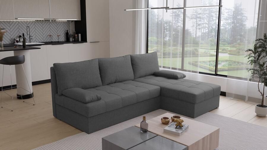 Beddenbriljant Hoekbank Rabat Universeel Stof Antraciet Slaapbank met opbergruimte Links of Rechts Direct Leverbaar Hoekzetel Chaise longue Zetel met slaapgedeelte 3 zits Zitcomfort stevig