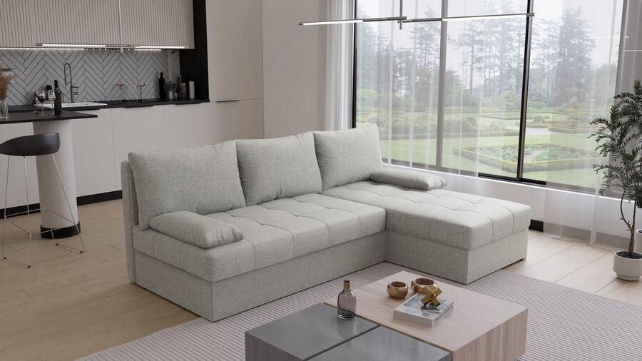 Beddenbriljant Hoekbank Rabat Universeel Stof Beige Naturel Slaapbank met opbergruimte Links of Rechts Direct Leverbaar Hoekzetel Chaise longue Zetel met slaapgedeelte 3 zits Zitcomfort stevig