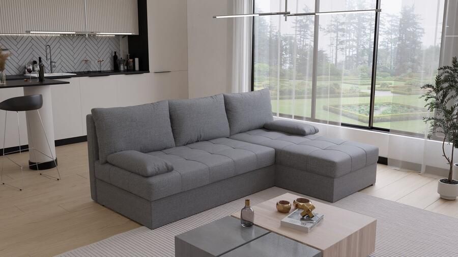 Beddenbriljant Hoekbank Rabat Universeel Stof Grijs Slaapbank met opbergruimte Links of Rechts Direct Leverbaar Hoekzetel Chaise longue Zetel met slaapgedeelte 3 zits Zitcomfort stevig