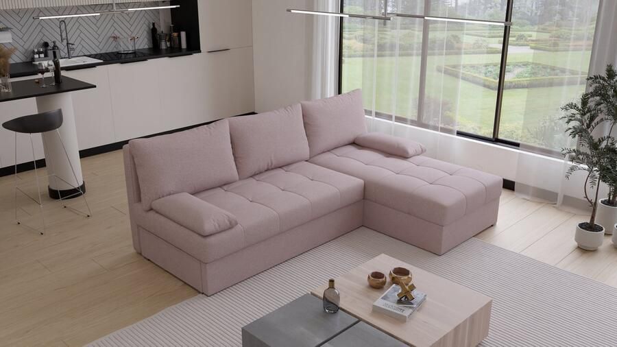 Beddenbriljant Hoekbank Rabat Universeel Stof Roze Slaapbank met opbergruimte Links of Rechts Direct Leverbaar Hoekzetel Chaise longue Zetel met slaapgedeelte 3 zits Zitcomfort stevig