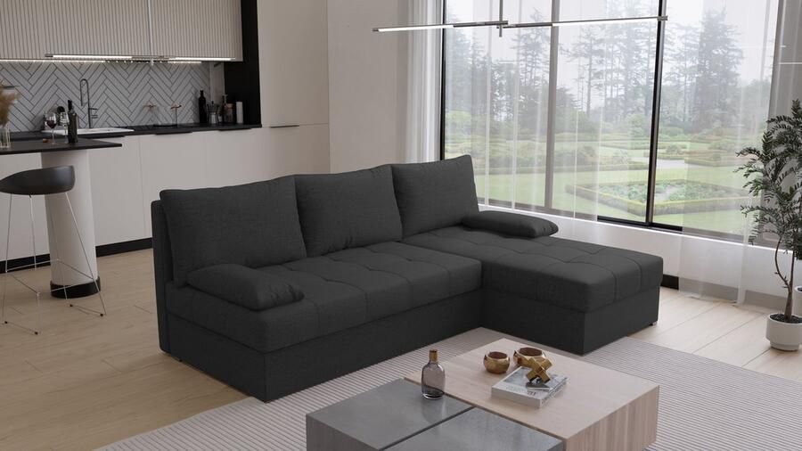 Beddenbriljant Hoekbank Rabat Universeel Stof Zwart Slaapbank met opbergruimte Links of Rechts Direct Leverbaar Hoekzetel Chaise longue Zetel met slaapgedeelte 3 zits Zitcomfort stevig