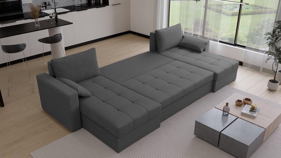 Beddenbriljant U-Bank Kreta Stof Antraciet Slaapbank met opbergruimte Direct Leverbaar U-zetel met slaapgedeelte 4 zits Hoekbank