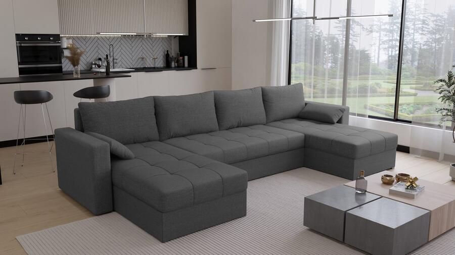 Beddenbriljant U-Bank Kreta Stof Antraciet Slaapbank met opbergruimte Direct Leverbaar U-zetel met slaapgedeelte 4 zits Hoekbank Zitcomfort stevig