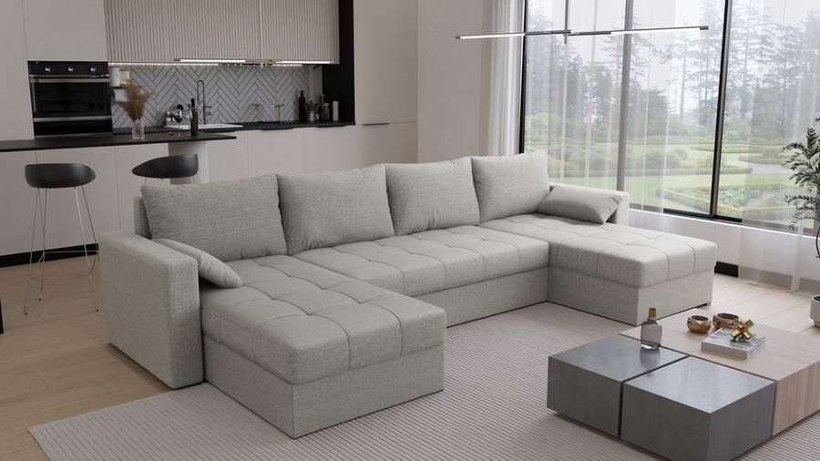 Beddenbriljant U-Bank Kreta Stof Beige Naturel Slaapbank met opbergruimte Direct Leverbaar U-zetel met slaapgedeelte 4 zits Hoekbank Zitcomfort stevig