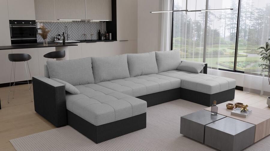 Beddenbriljant U-Bank Kreta Stof Grijs én Zwart Slaapbank met opbergruimte Direct Leverbaar U-zetel met slaapgedeelte 4 zits Hoekbank Zitcomfort stevig