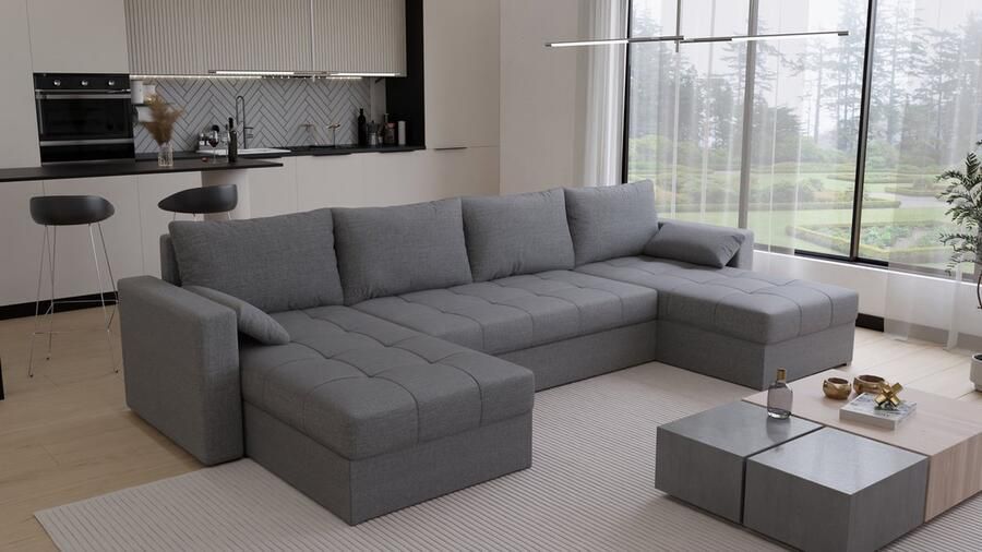 Beddenbriljant U-Bank Kreta Stof Grijs Slaapbank met opbergruimte Direct Leverbaar U-zetel met slaapgedeelte 4 zits Hoekbank