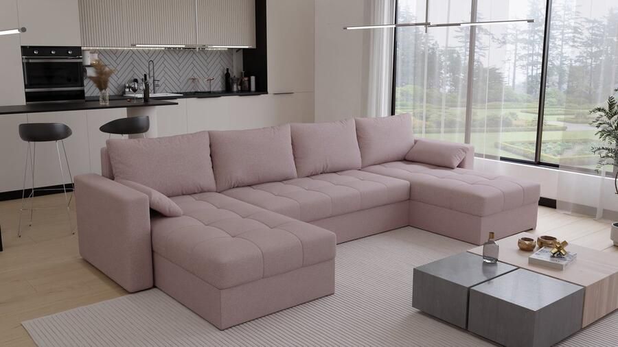 Beddenbriljant U-Bank Kreta Stof Roze Slaapbank met opbergruimte Direct Leverbaar U-zetel met slaapgedeelte 4 zits Hoekbank Zitcomfort stevig