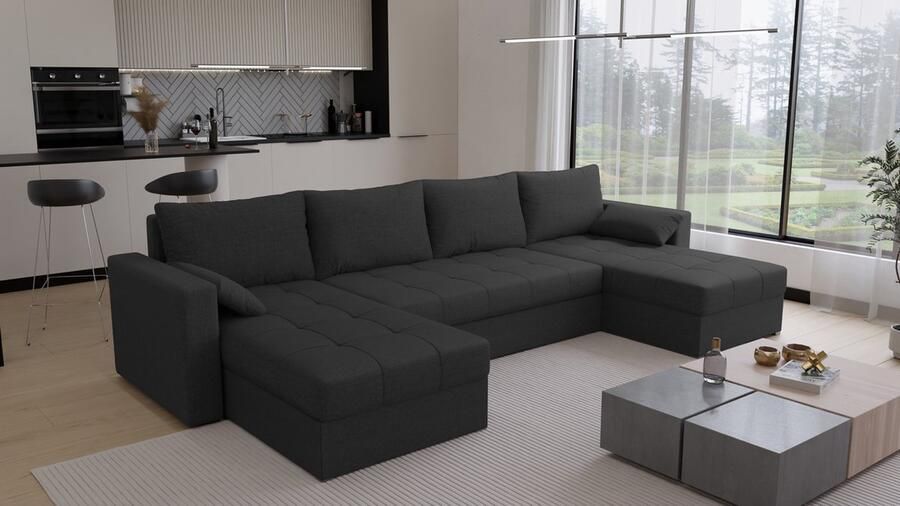 Beddenbriljant U-Bank Kreta Stof Zwart Slaapbank met opbergruimte Direct Leverbaar U-zetel met slaapgedeelte 4 zits Hoekbank Zitcomfort stevig