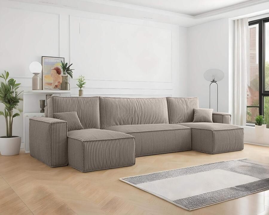 Beddenbriljant U-bank Frenkie Ribstof Beige Slaapbank met opbergruimte Lounge Links én Rechts Direct Leverbaar U-zetel Chaise longue Zetel met slaapgedeelte 4 zits Zitcomfort Medium