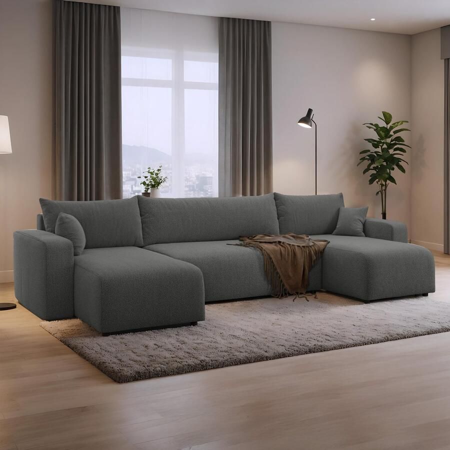 Beddenbriljant U-bank met opbergruimte Romee Antraciet Teddy stof U-zetel Slaapbank met opbergruimte U-hoekzetel Chaise longue U-zetel met slaapgedeelte 4 zits