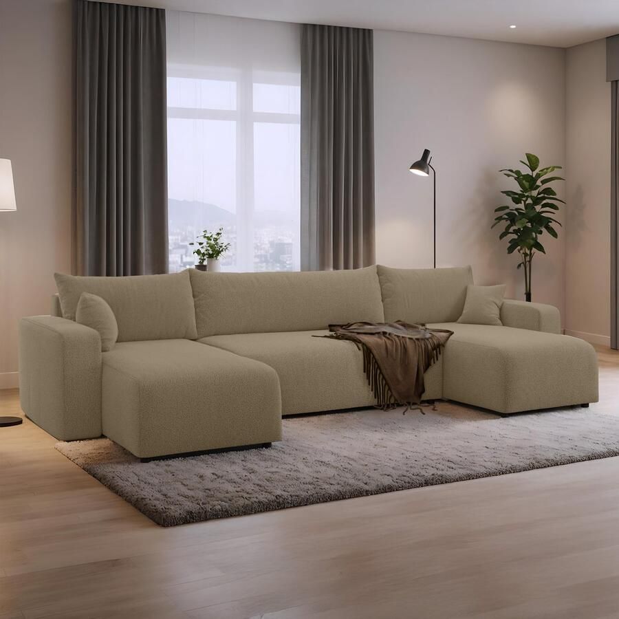 Beddenbriljant U-bank met opbergruimte Romee Beige Teddy stof U-zetel Slaapbank met opbergruimte U-hoekzetel Chaise longue U-zetel met slaapgedeelte 4 zits