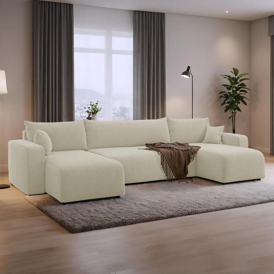 Beddenbriljant U-bank met opbergruimte Romee Creme Teddy stof U-zetel Slaapbank met opbergruimte U-hoekzetel Chaise longue U-zetel met slaapgedeelte 4 zits