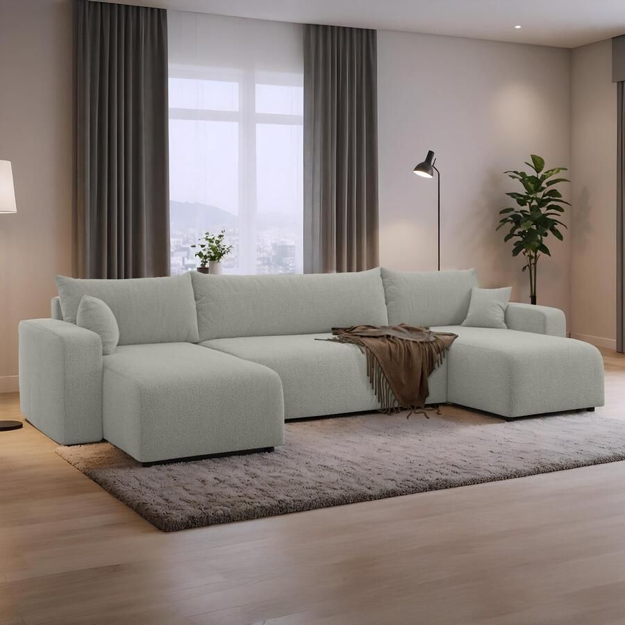 Beddenbriljant U-bank met opbergruimte Romee Grijs Teddy stof U-zetel Slaapbank met opbergruimte U-hoekzetel Chaise longue U-zetel met slaapgedeelte 4 zits