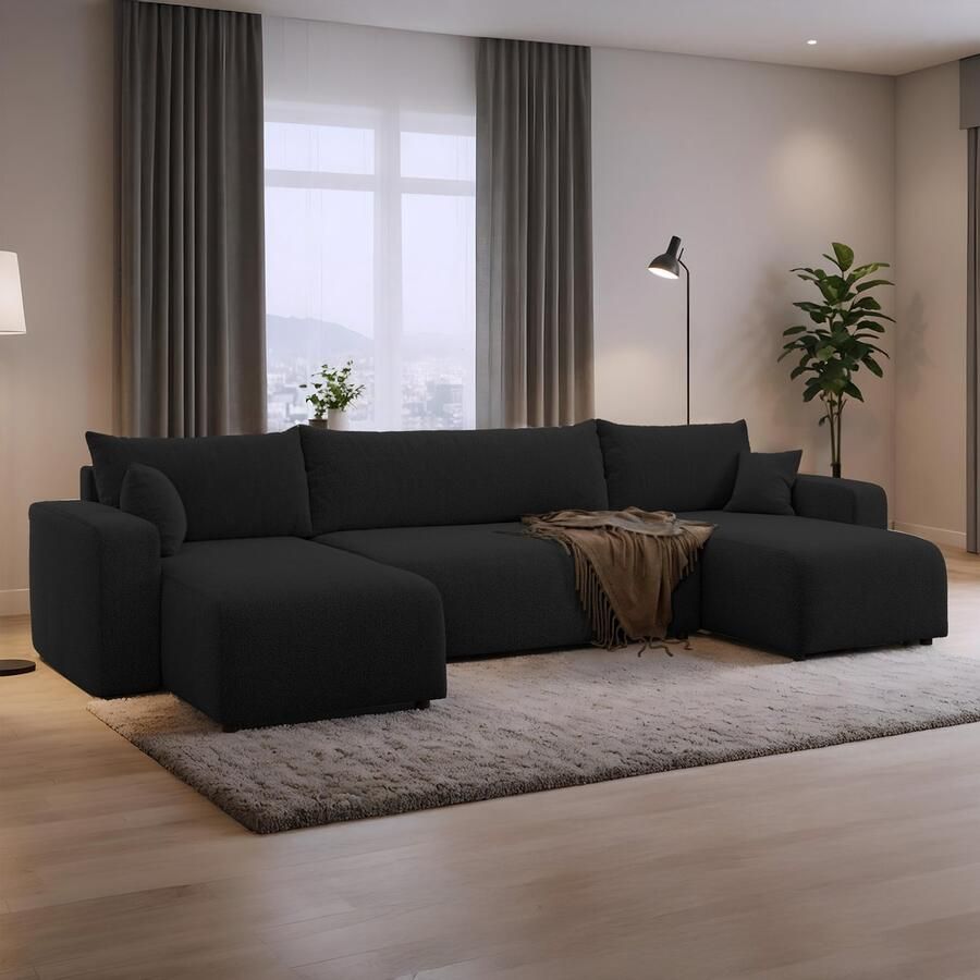 Beddenbriljant U-bank met opbergruimte Romee Zwart Teddy stof U-zetel Slaapbank met opbergruimte U-hoekzetel Chaise longue U-zetel met slaapgedeelte 4 zits