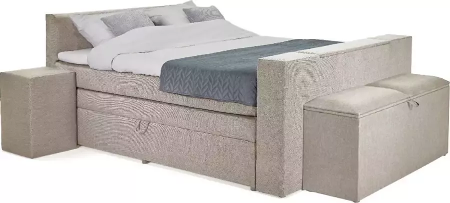Beddenleeuw Boxspring Bed met opbergruimte DeLuxe Yara 180x210 Incl. Hoofdbord + Matras en Topper Ecru