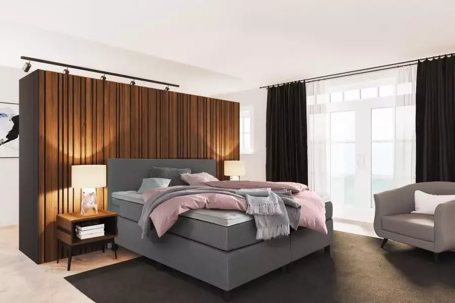 Beddenplein Boxspring Barcelona Inclusief 5-zones pocketveringmatras en koudschuimtopper Antraciet 140x200 cm