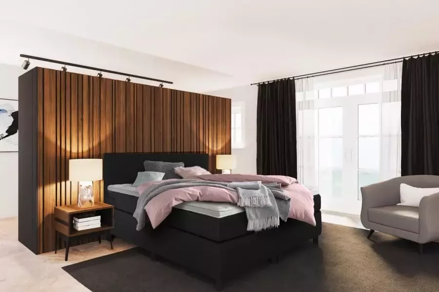 Beddenplein Boxspring Barcelona Inclusief 5-zones pocketveringmatras en koudschuimtopper Zwart 160x200 cm