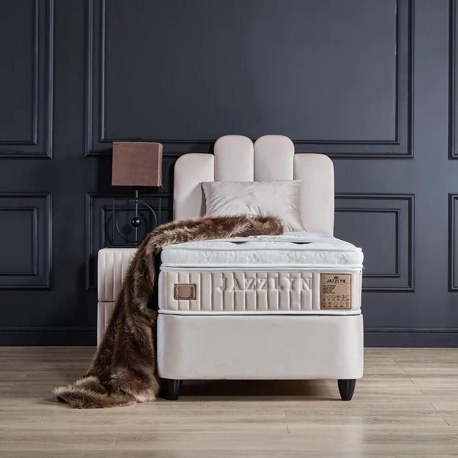 Beddenscout24 Boxspring bed met opbergruimte 90x200 cm Beige Opbergbed Jazzlyn Inclusief 32 cm matras en topper HR- Koudschuim - Foto 2