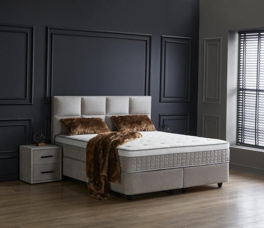 Beddenscout24 Boxspring bed met opbergruimte 140x200 cm Beige Opbergbed Ayana Inclusief 32 cm matras en topper Comfortschuim
