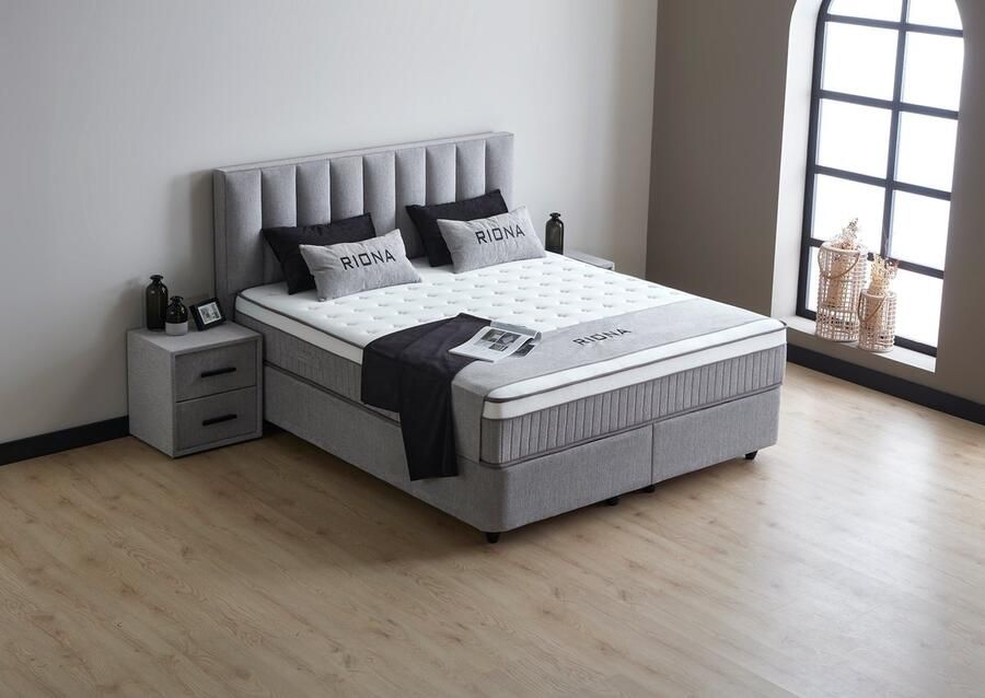 Beddenscout24 Boxspring bed met opbergruimte 140x200 cm Grijs Opbergbed Riona Inclusief matras en topper