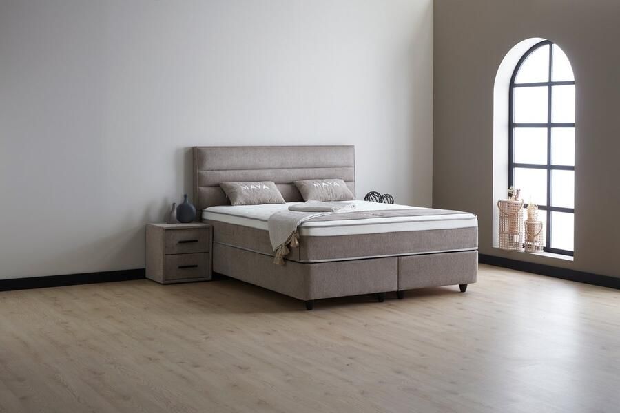 Beddenscout24 Boxspring bed met opbergruimte 140x200 cm Taupe Opbergbed Maya Inclusief 32 cm matras en topper Comfortschuim