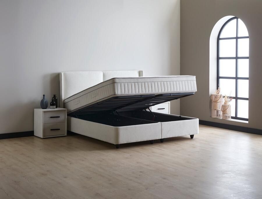 Beddenscout24 Boxspring bed met opbergruimte 140x200 cm Wit Opbergbed Ruby Inclusief 32 cm matras en topper Comfortschuim
