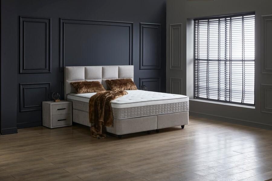 Beddenscout24 Boxspring bed met opbergruimte 180x200 cm Beige Opbergbed Ayana Inclusief 32 cm matras en topper Comfortschuim