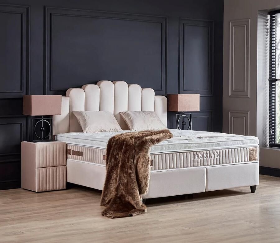 Beddenscout24 Boxspring bed met opbergruimte 180x200 cm Beige Opbergbed Jazzlyn Inclusief 30 cm matras en topper HR- Koudschuim